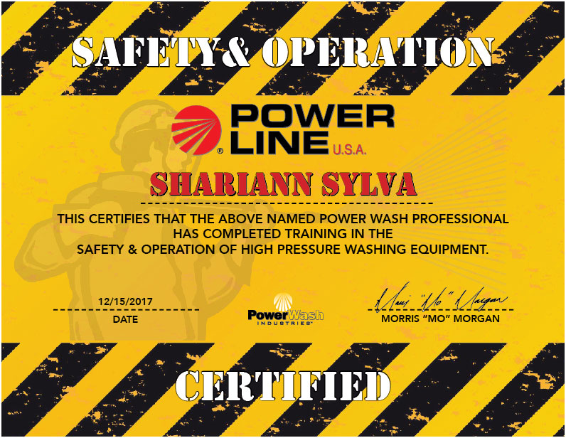 Shariann Sylva Power Wash Safety CERTIFICATE Power Washing Eco